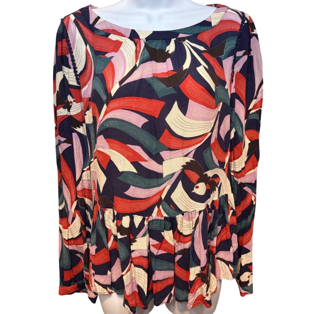 MAEVE‎ ANTHROPOLOGIE Multicolor Abstract Bird Peplum Blouse Sz M Boho-Chic Flowy